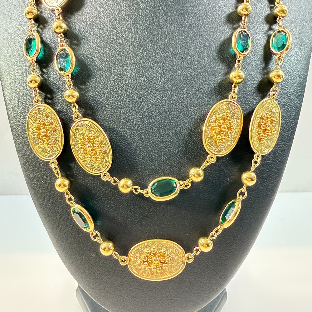 Vintage Designer Gold Tone Necklace Green Glass Statement 40" Lovely Quality